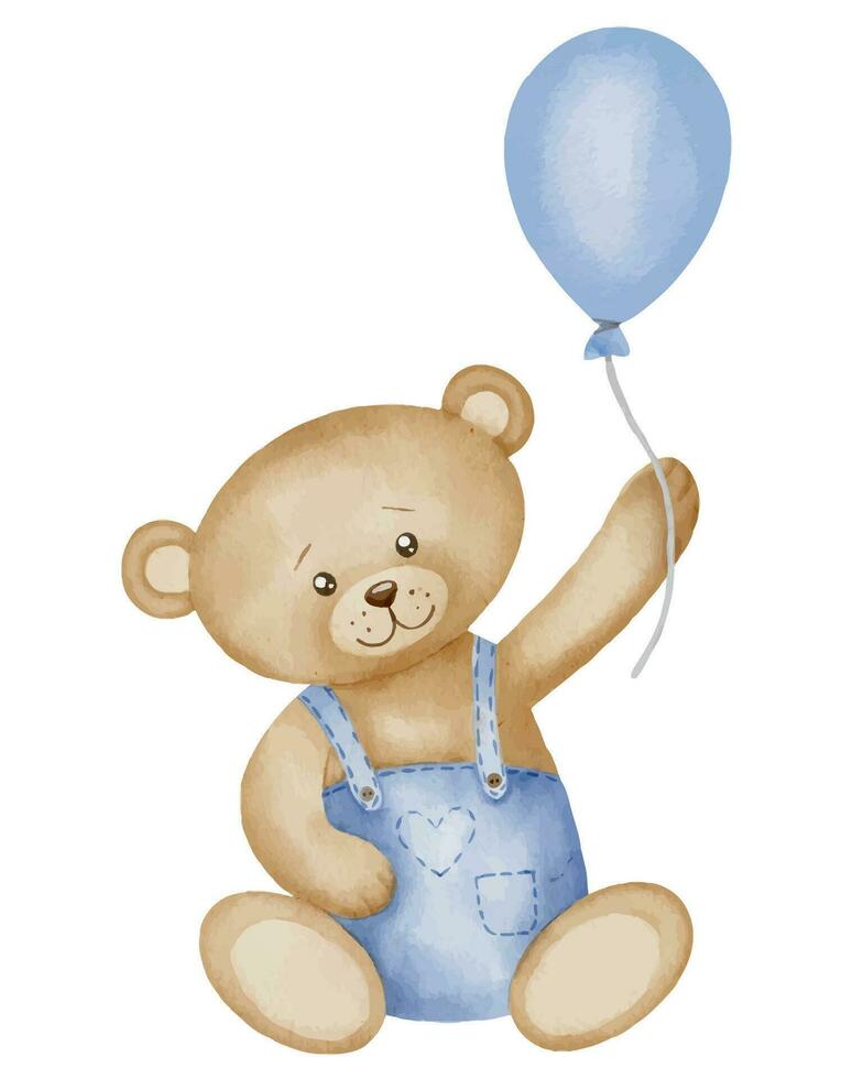 Teddy Bear with balloon watercolor illustration. Hand drawn sketch of little cute animal in pastel brown and blue colors for Baby shower invitations or happy birthday greeting cards. Childish drawing vector