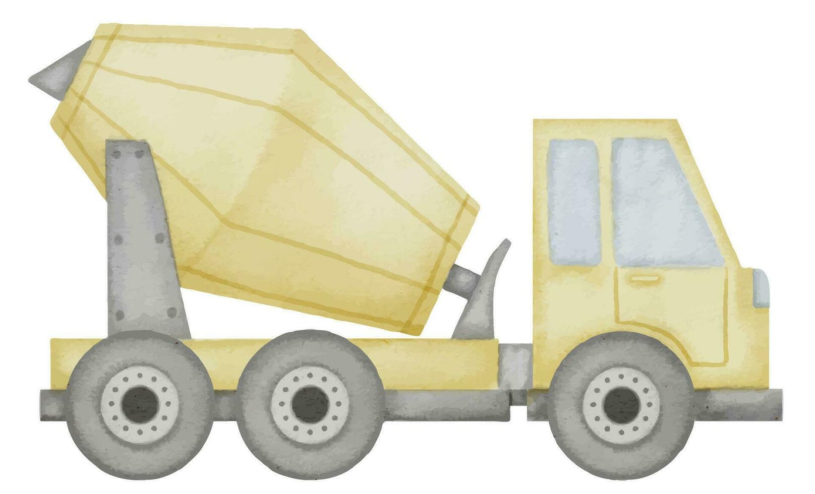 Concrete Mixer Watercolor illustration. Hand drawn clip art of baby toy yellow Cement blender on isolated background. Truck drawing for prints on a boys tshirt. Construction vehicle sketch vector