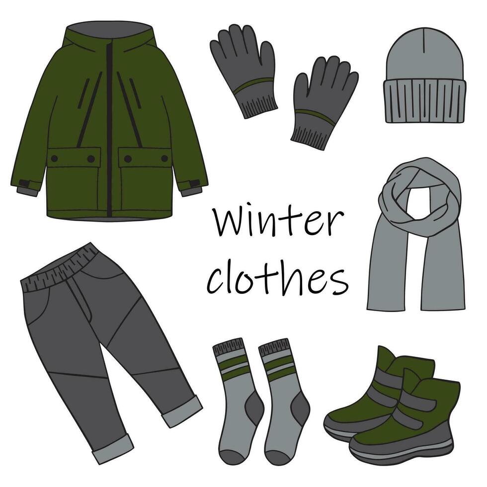 Set of winter clothes in doodle style. A collection of hand drawn sketches with boots, socks, gloves, scarf, jacket and hat. Vector illustration