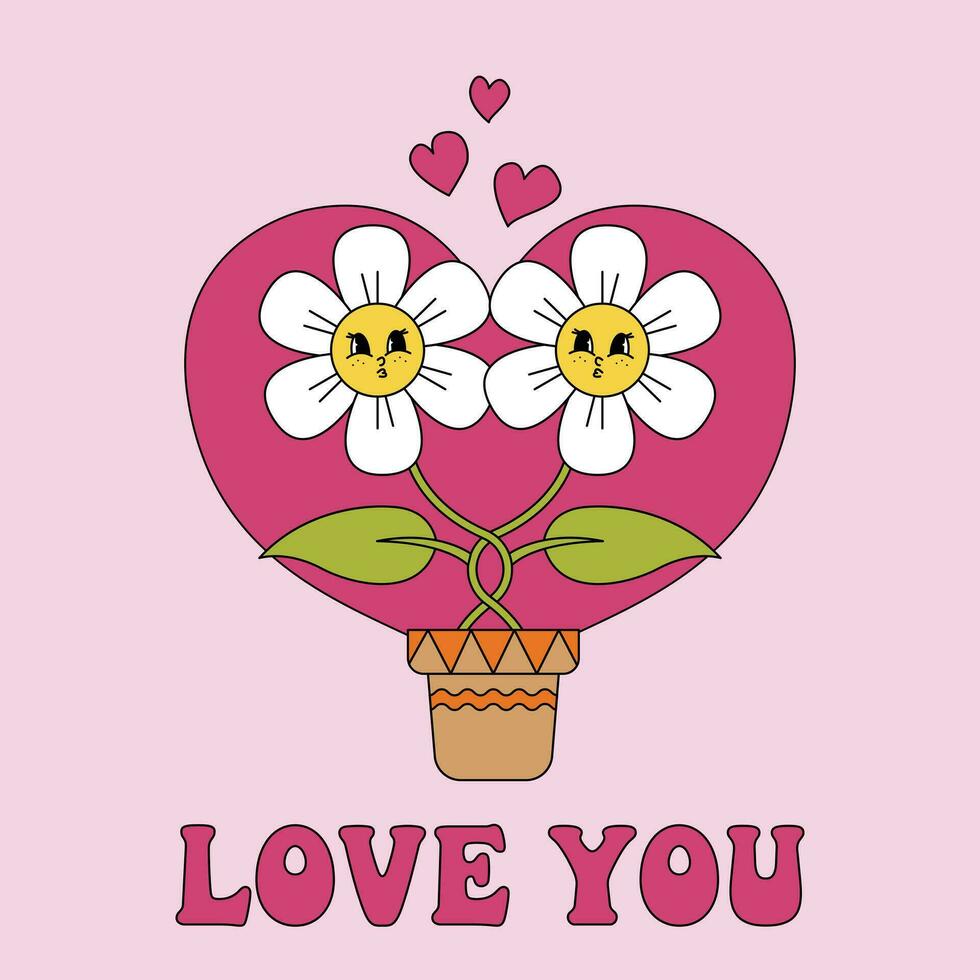 Love you. Groovy daisy flower posters. Valentines day greeting card with retro style faces, 60s 70s hippie cards collection. Vector illustration