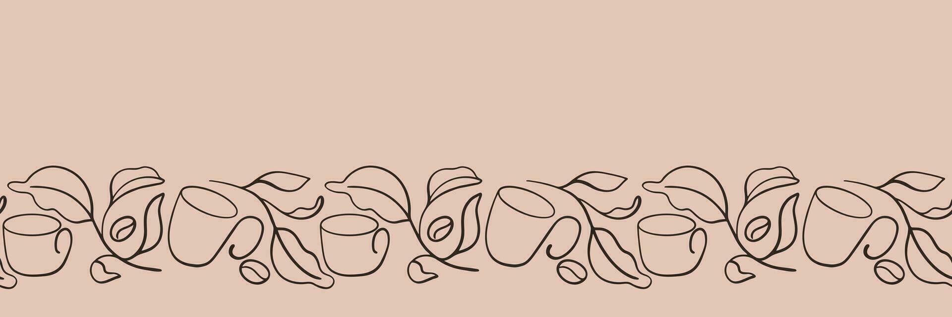 Coffee abstract border. Continuous line drawing of coffee cup, coffee bean, branch and leaves. Seamless vector pattern