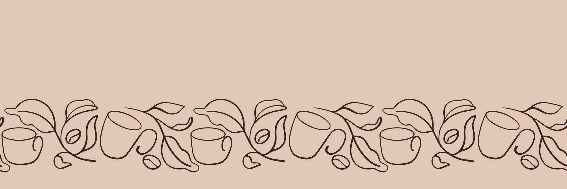 Coffee abstract border. Continuous line drawing of coffee cup, coffee bean, branch and leaves. Seamless vector pattern