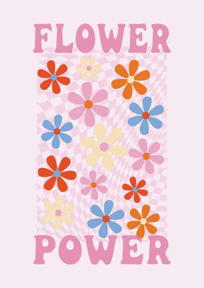 Flower Power. Abstract retro aesthetic background with groovy daisy flowers. Vintage floral mid century art print. Hippie style of the 60s, 70s, 80s.  Poster, inscription on a T-shirt vector