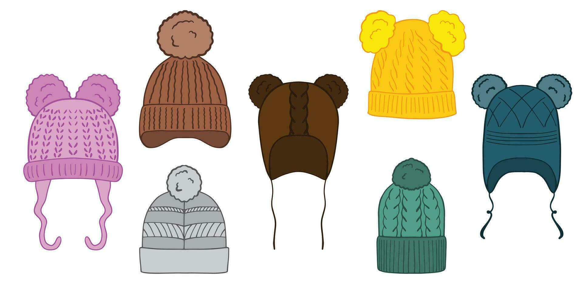 Set of hand drawn multi colored children's winter hats. Doodle vector illustration isolated on white background