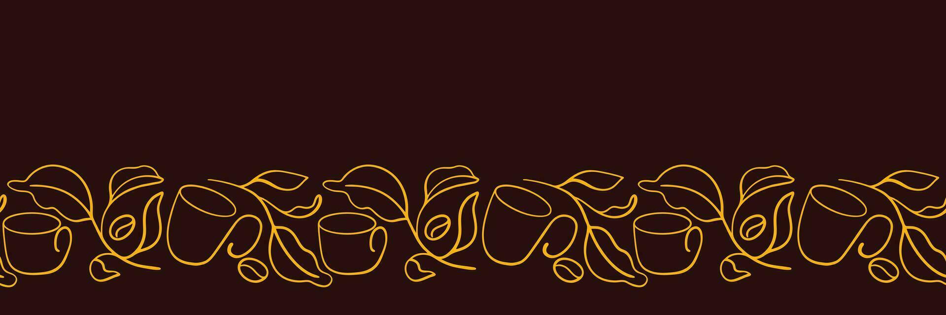 Coffee abstract border. Continuous line drawing of coffee cup, coffee bean, branch and leaves. Seamless vector pattern