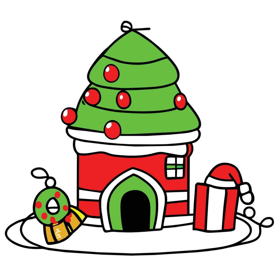 a cartoon house with a santa hat on top vector
