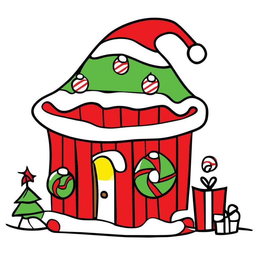 a cartoon house with a santa hat on top vector