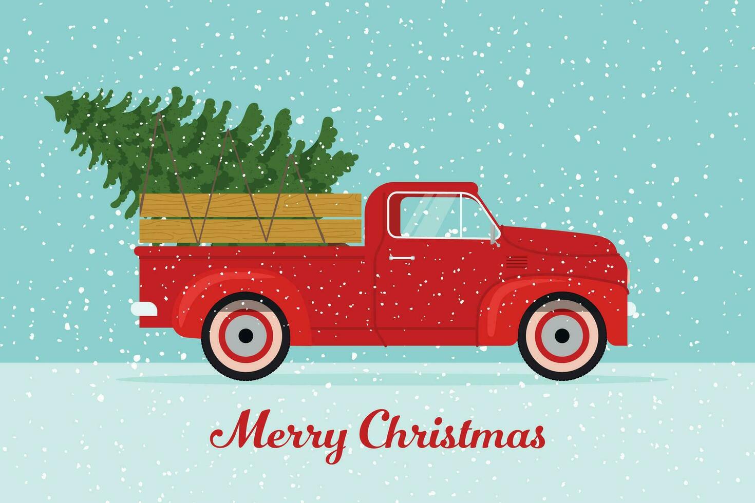 Retro pickup truck with a Christmas tree. Vector illustration in vintage style