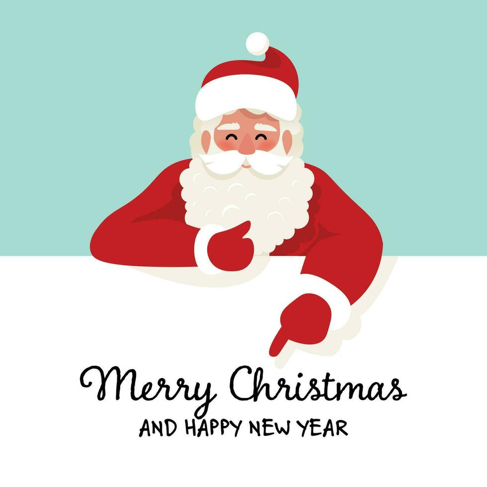 Santa Claus with white banner. Merry Christmas Greeting Cart. Cute Vector illustration in cartoon flat style