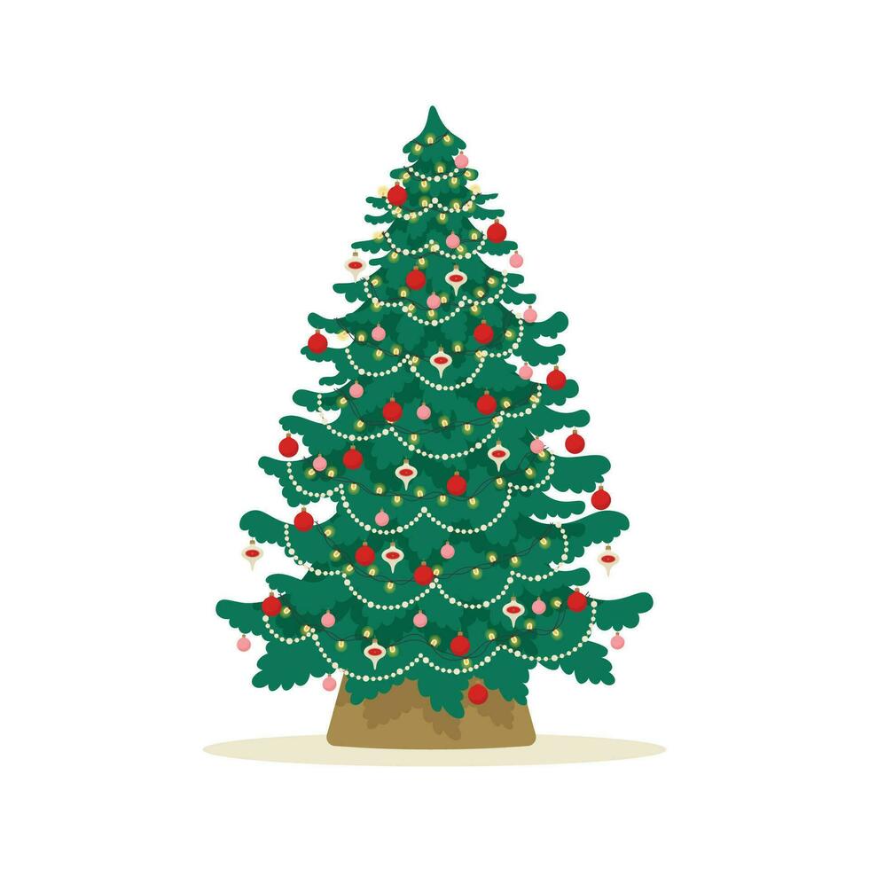 Christmas tree decorated with glass balls and garlands. Merry Christmas and Happy New Year concept. Flat style vector illustration