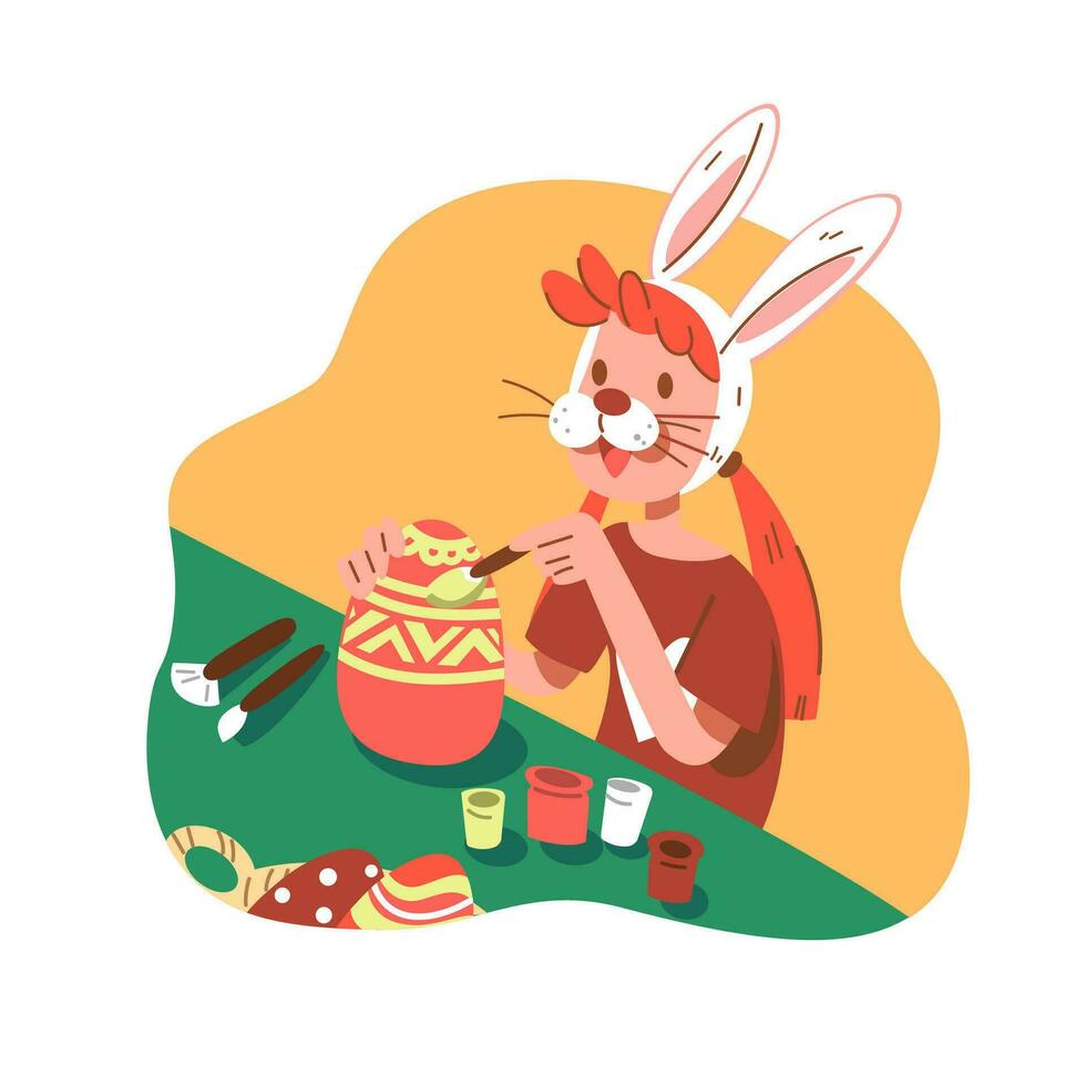 A girl painting colorful eggs for celebrated Easter Day cartoon character flat vector flat illustration. Happy Easter.