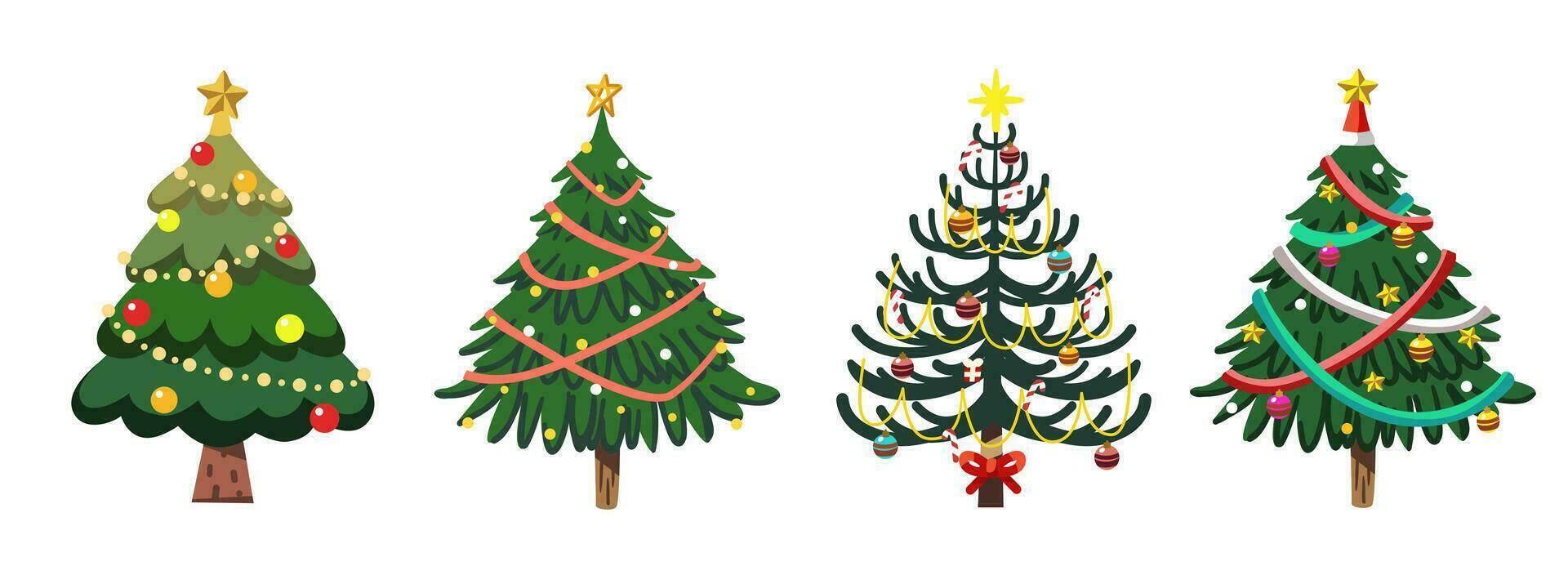 A various set of cute Christmas tree with lovely decoration cartoon flat vector illustration. Merry Christmas and Happy New Year