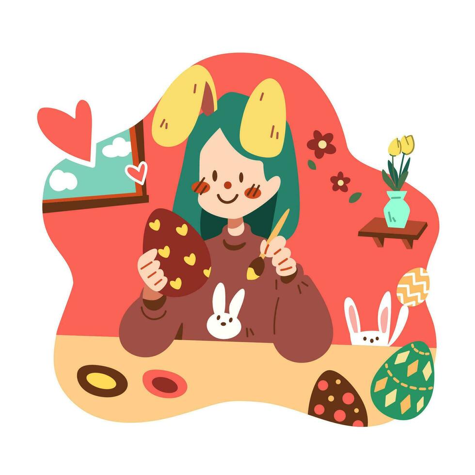 A girl painting colorful eggs for celebrated Easter Day cartoon character flat vector flat illustration. Happy Easter.