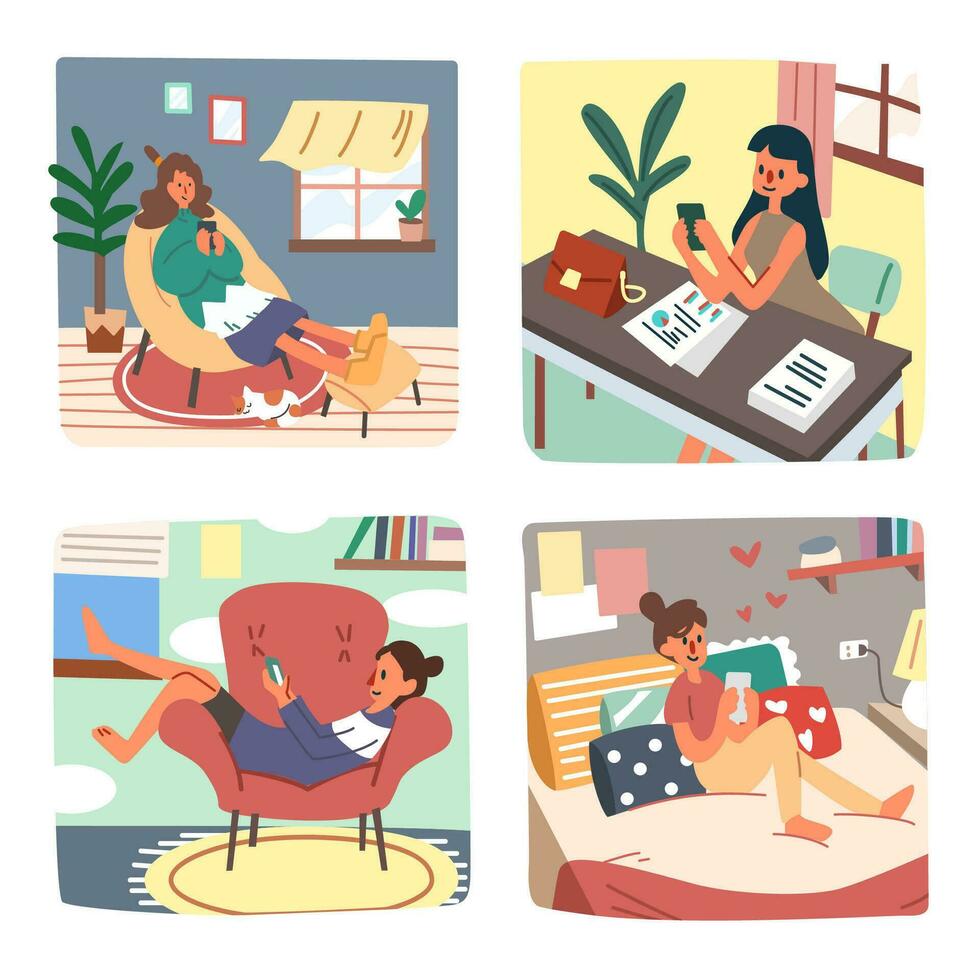 conjunto de mujer utilizando teléfono inteligente a hogar. ocupaciones durante cuarentena dibujos animados plano vector ilustración aislado en blanco antecedentes.