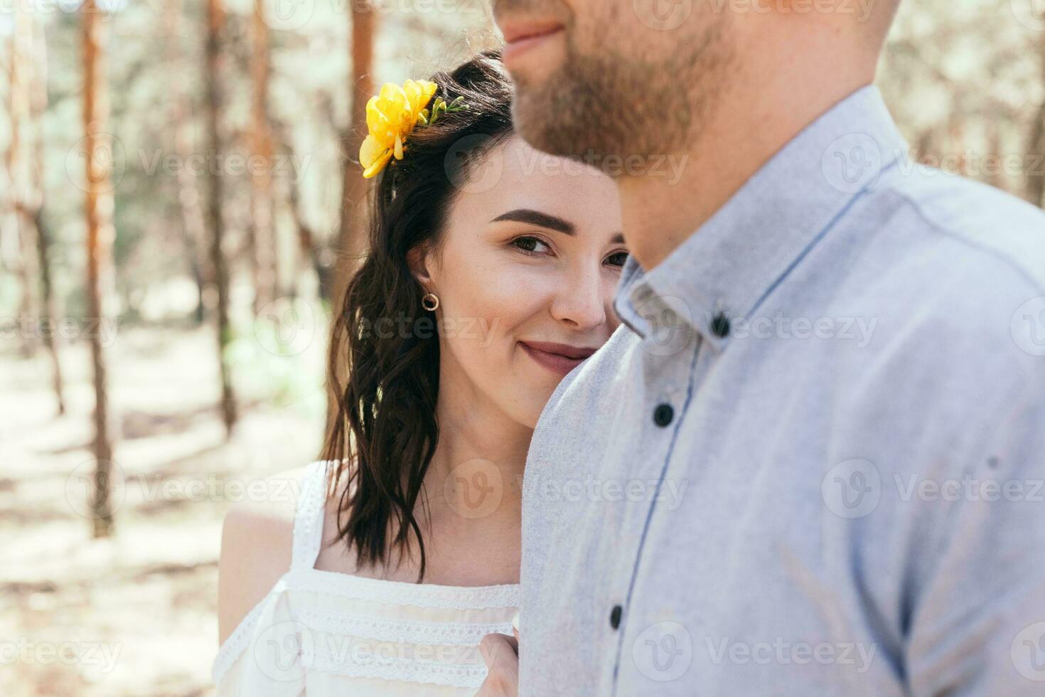 Wedding walk in the pine forest. Sunny day. photo