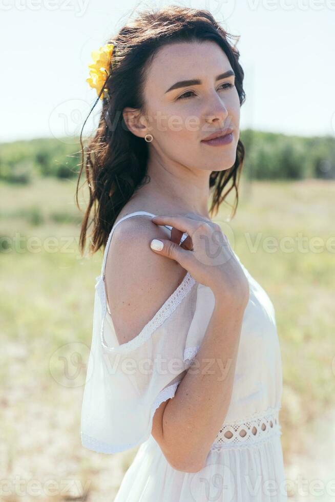 Wedding walk in the pine forest. Sunny day. photo