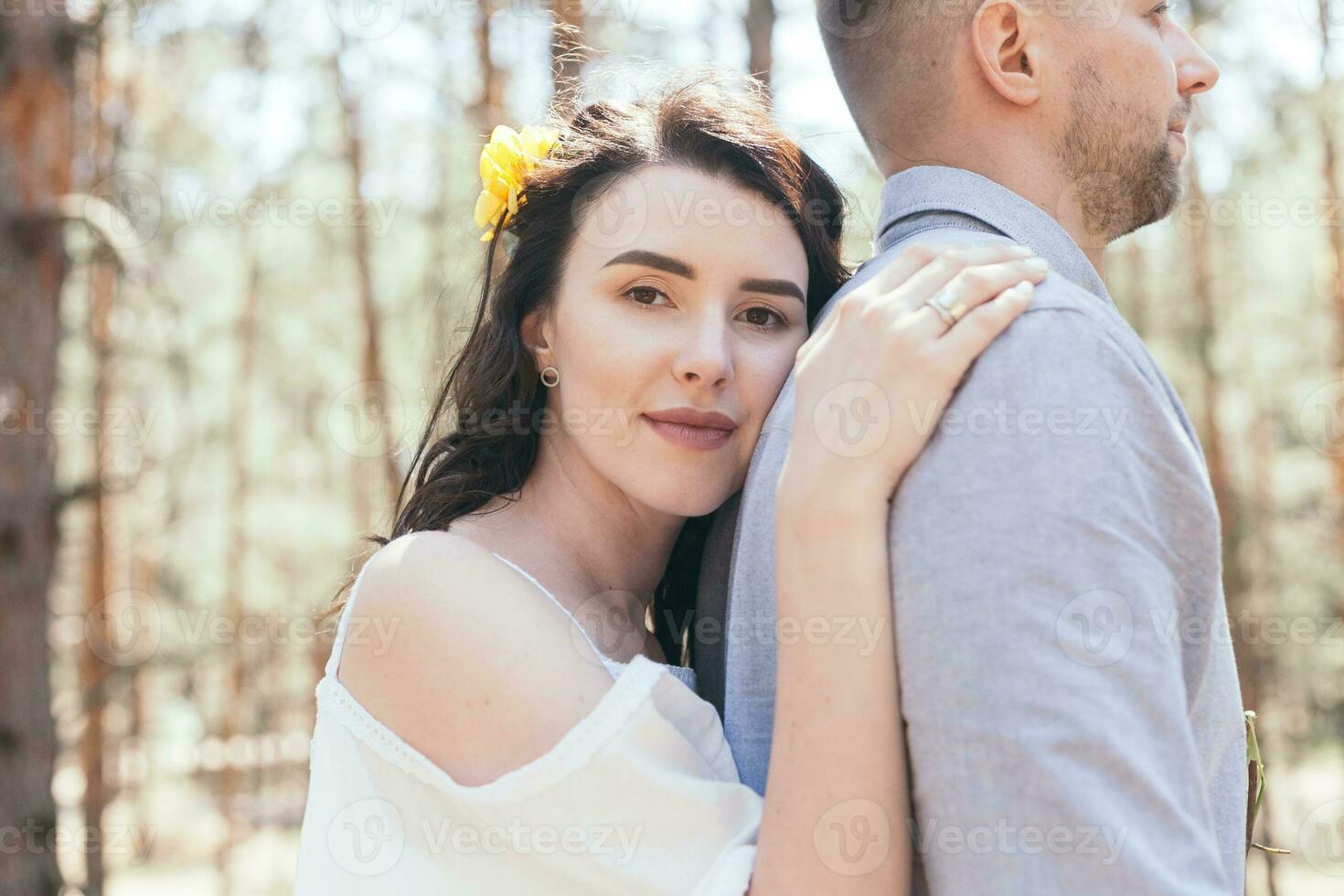 Wedding walk in the pine forest. Sunny day. photo