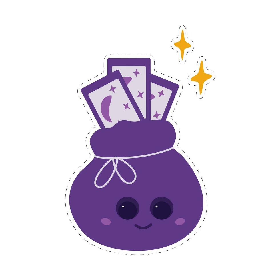 Pouch with Tarot cards and decorative stars. Cute character with fortune telling cards. Sticker vector