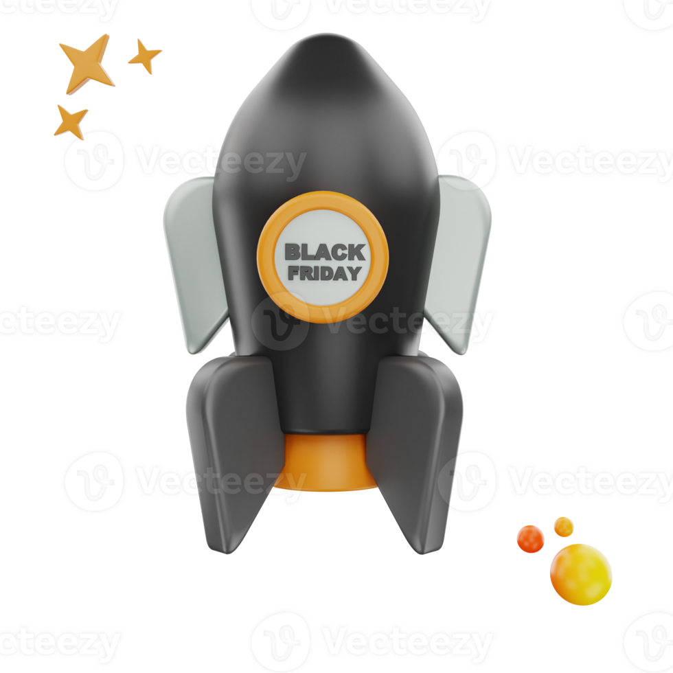 3d rendering Black Friday Rocket icon object png