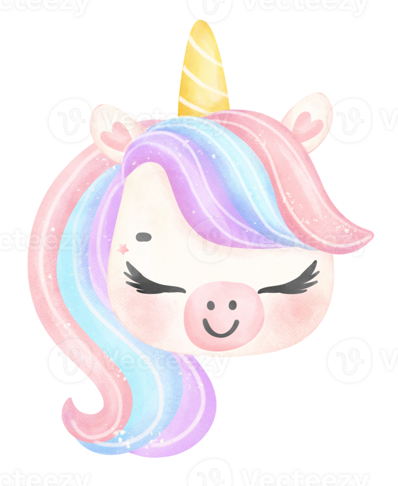 Cute Baby Unicorn face watercolor cartoon illustration png