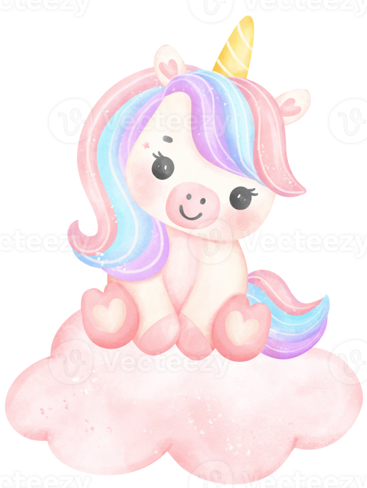 Cute Baby Unicorn sleeping on cloud watercolor cartoon illustration png