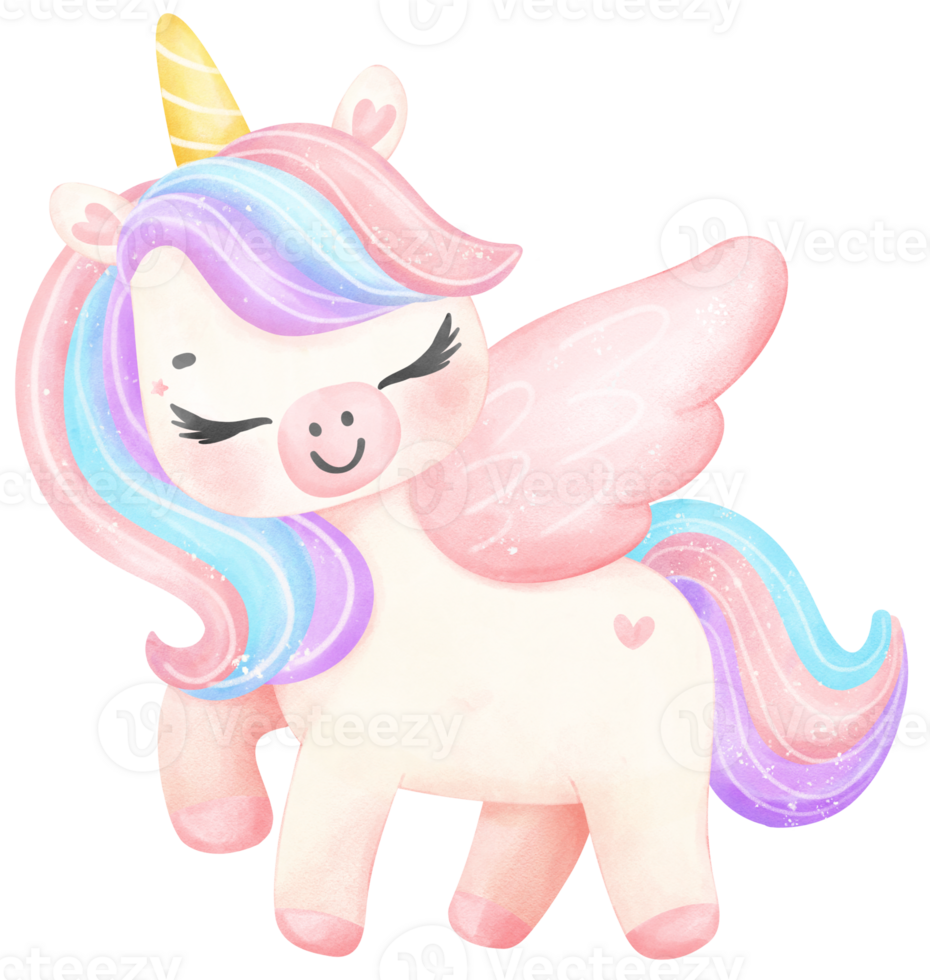 Cute Baby Unicorn with wing watercolor cartoon illustration png