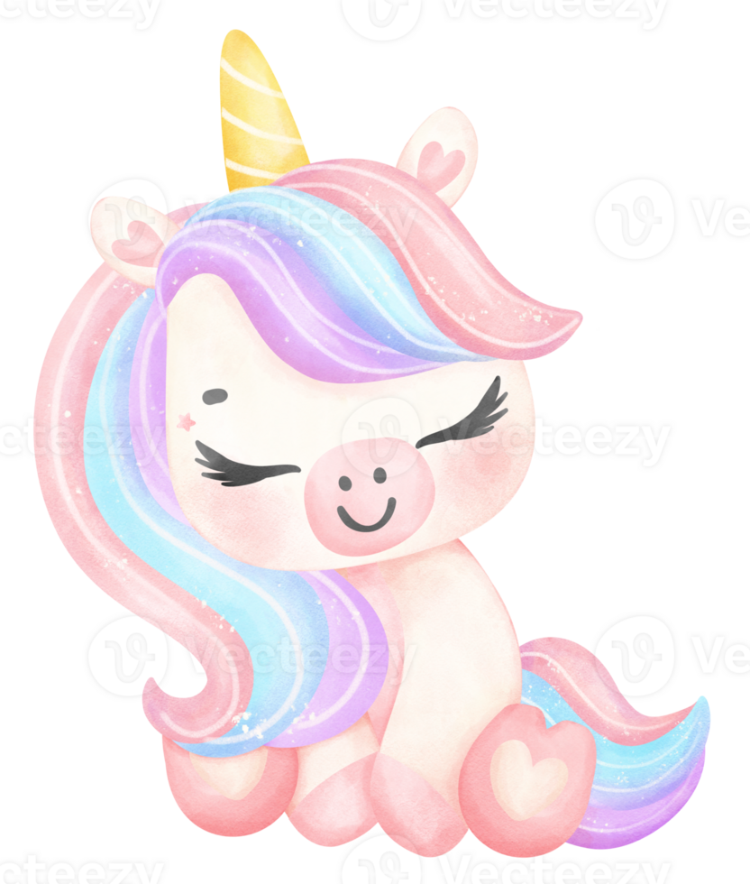 Cute Baby Unicorn sitting watercolor cartoon illustration png