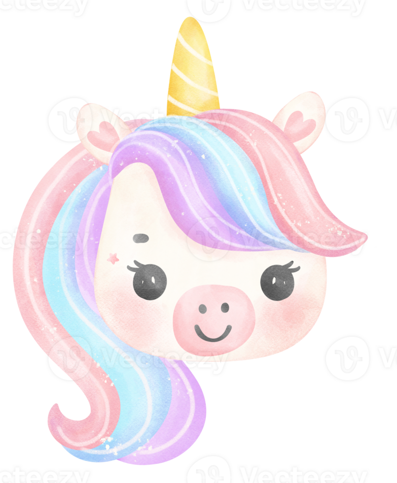 Cute Baby Unicorn face watercolor cartoon illustration png