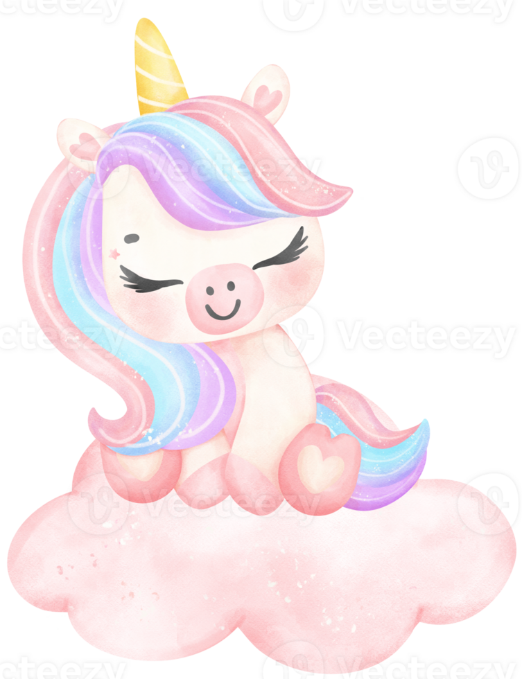 Cute Baby Unicorn sleeping on cloud watercolor cartoon illustration png