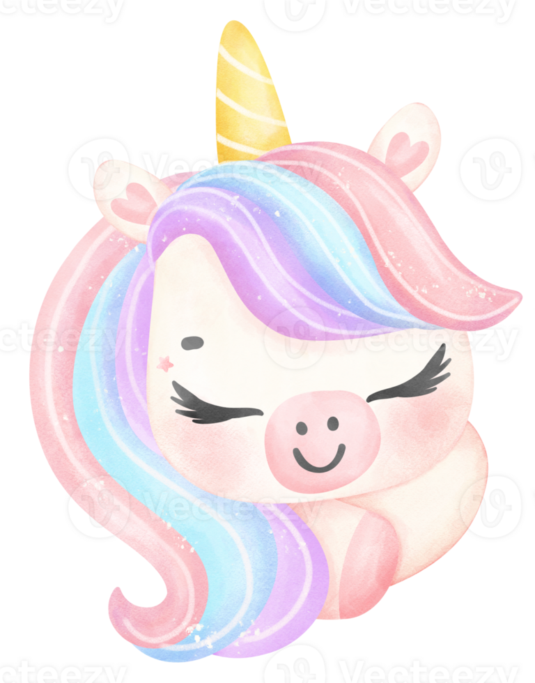 Cute Baby Unicorn face watercolor cartoon illustration png