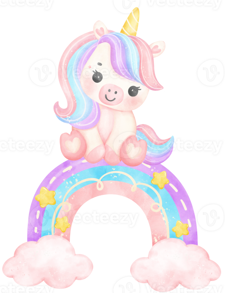 Cute Baby Unicorn on rainbow watercolor cartoon illustration png