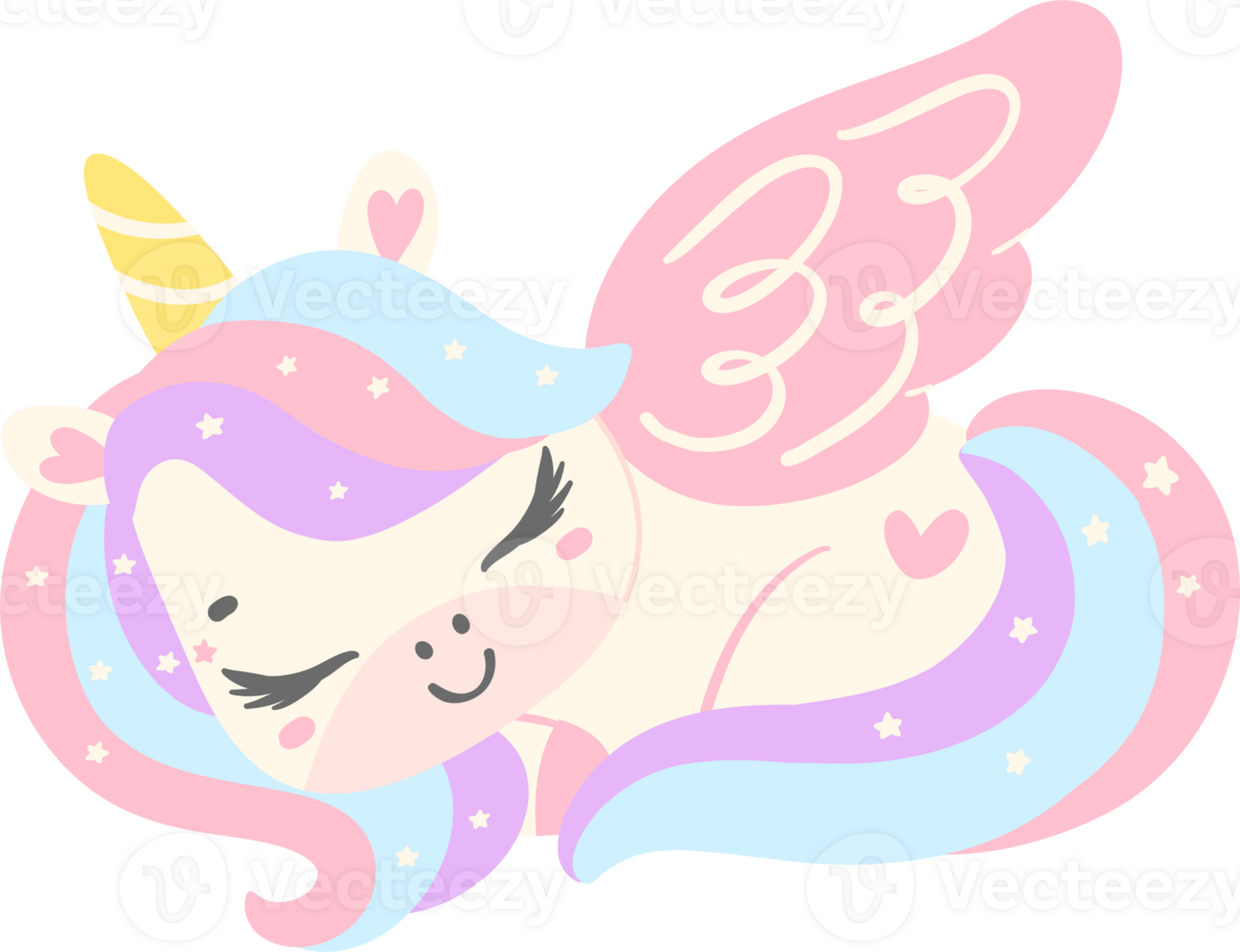 Cute Baby Unicorn with wing sleeping cartoon illustration png