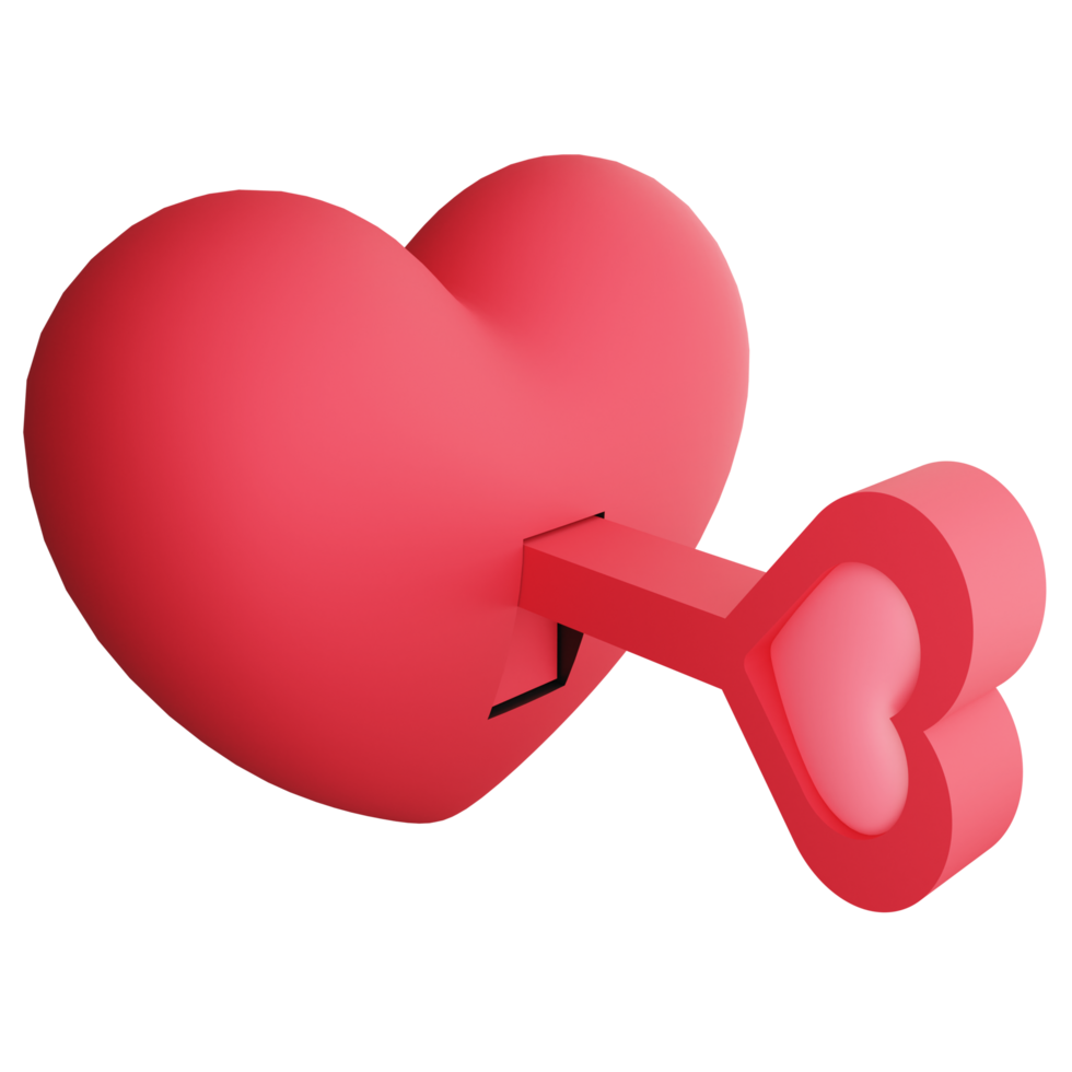 Heart key for unlock the heart clipart flat design icon isolated on transparent background, 3D render Valentine concept png
