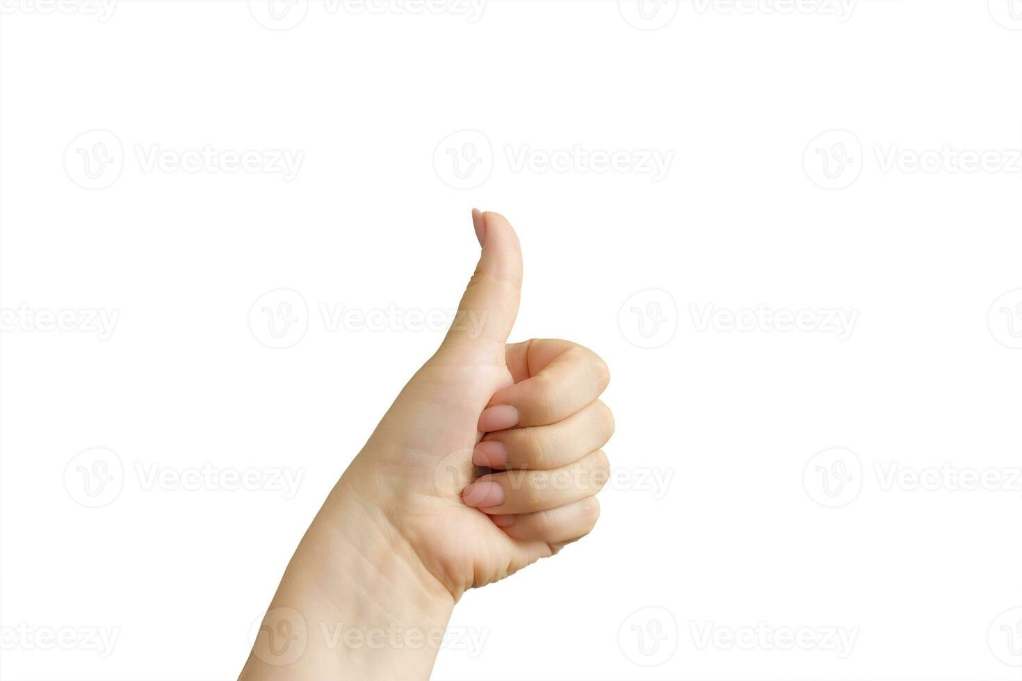 Female hand isolated on white background. Thumbs up photo