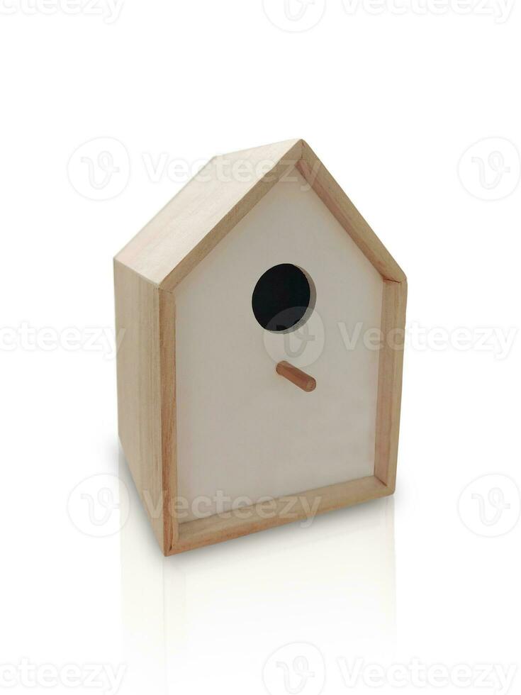 Wooden simple aviary for birds isolated on white background. photo