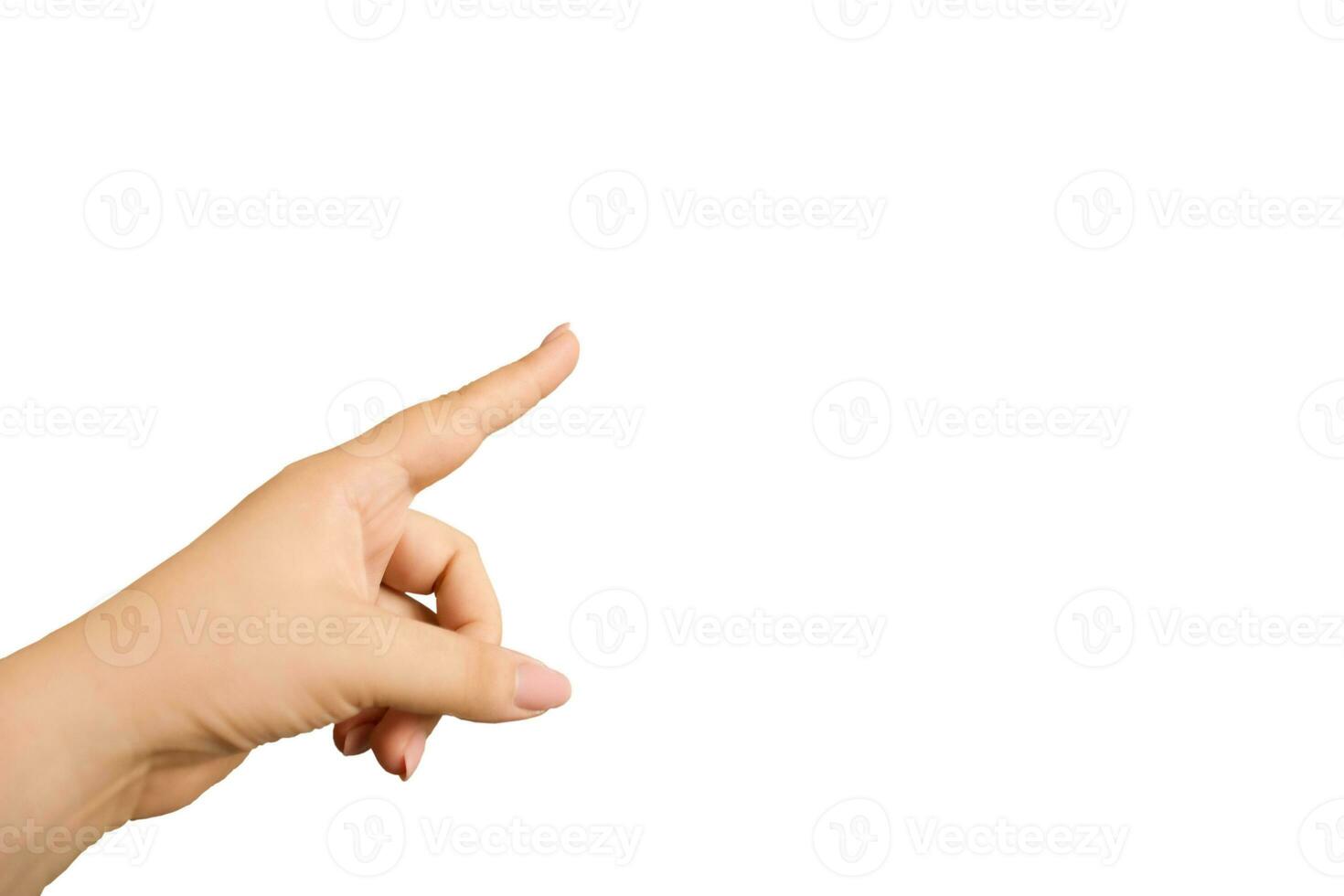 Female hand pointing isolated on white background photo