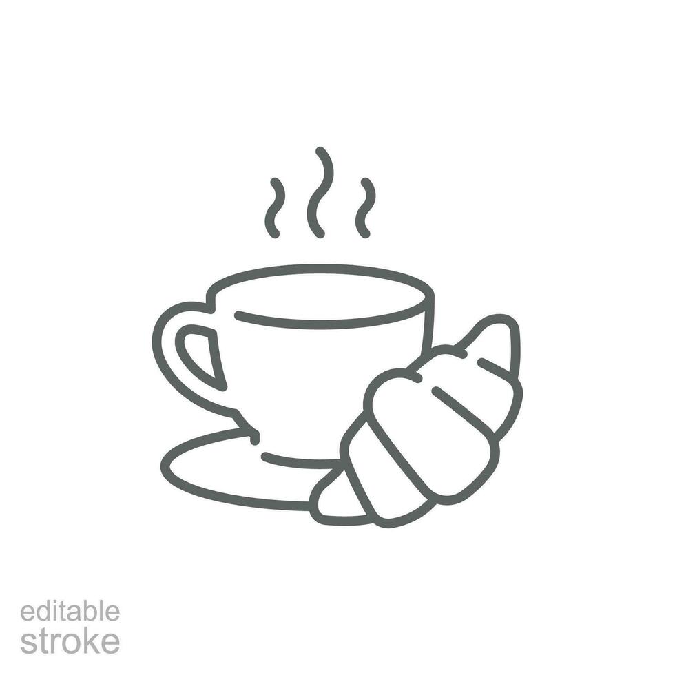 Coffee and croissant icon. Simple outline style. Bread, pastry, crescent, food and drink concept. Thin line symbol. Vector illustration isolated. Editable stroke.