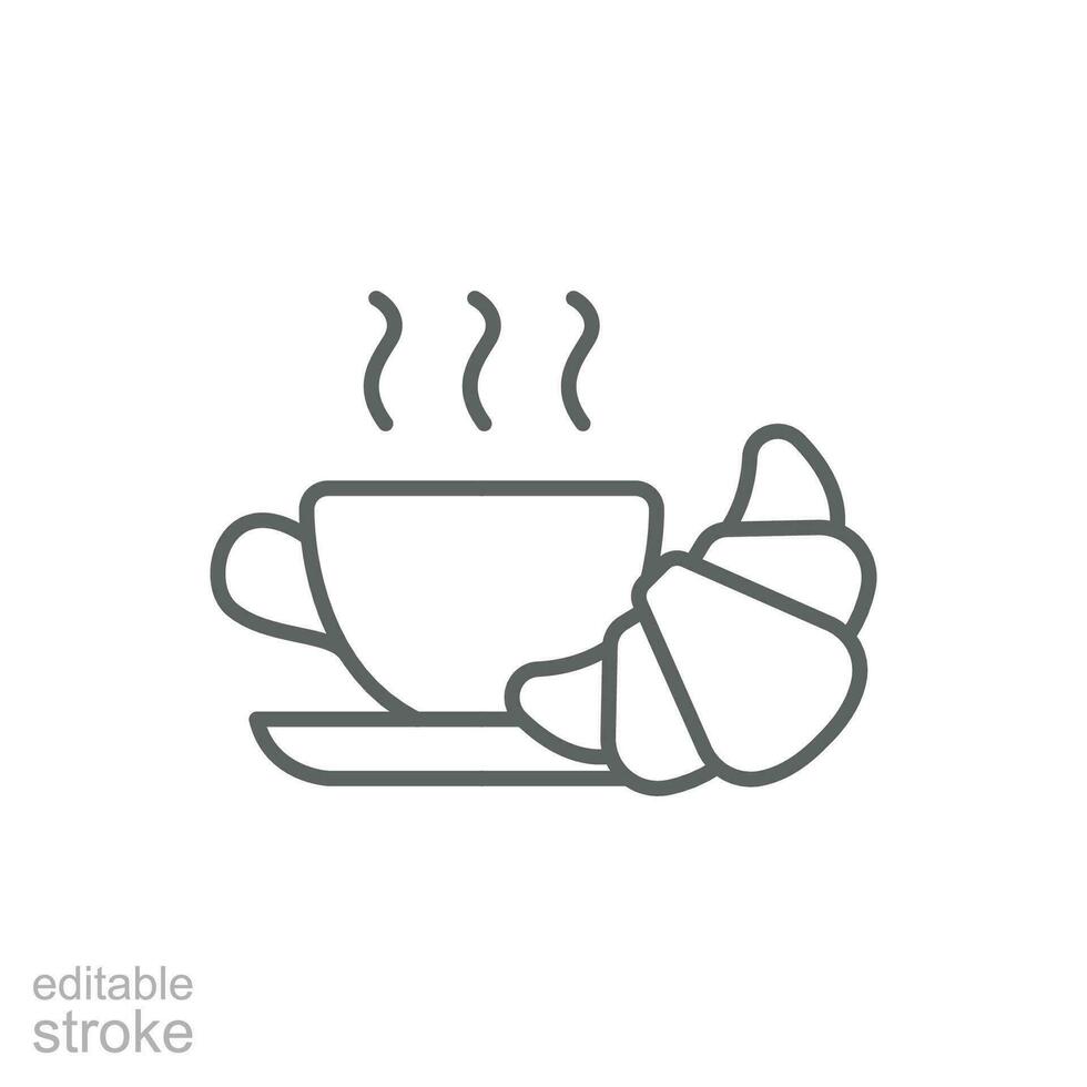 Coffee and croissant icon. Simple outline style. Bread, pastry, crescent, food and drink concept. Thin line symbol. Vector illustration isolated. Editable stroke.