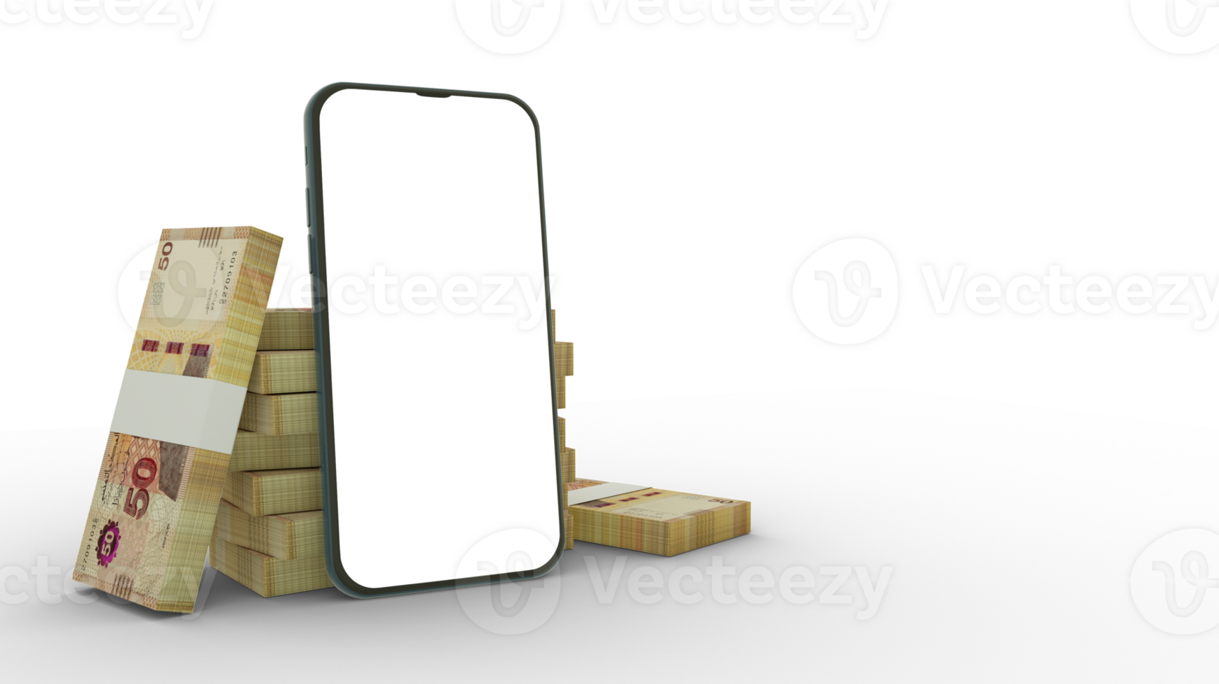 3D rendering of a mobile phone with  blank screen in front of stacks of Tunisian dinar notes isolated on transparent background. png