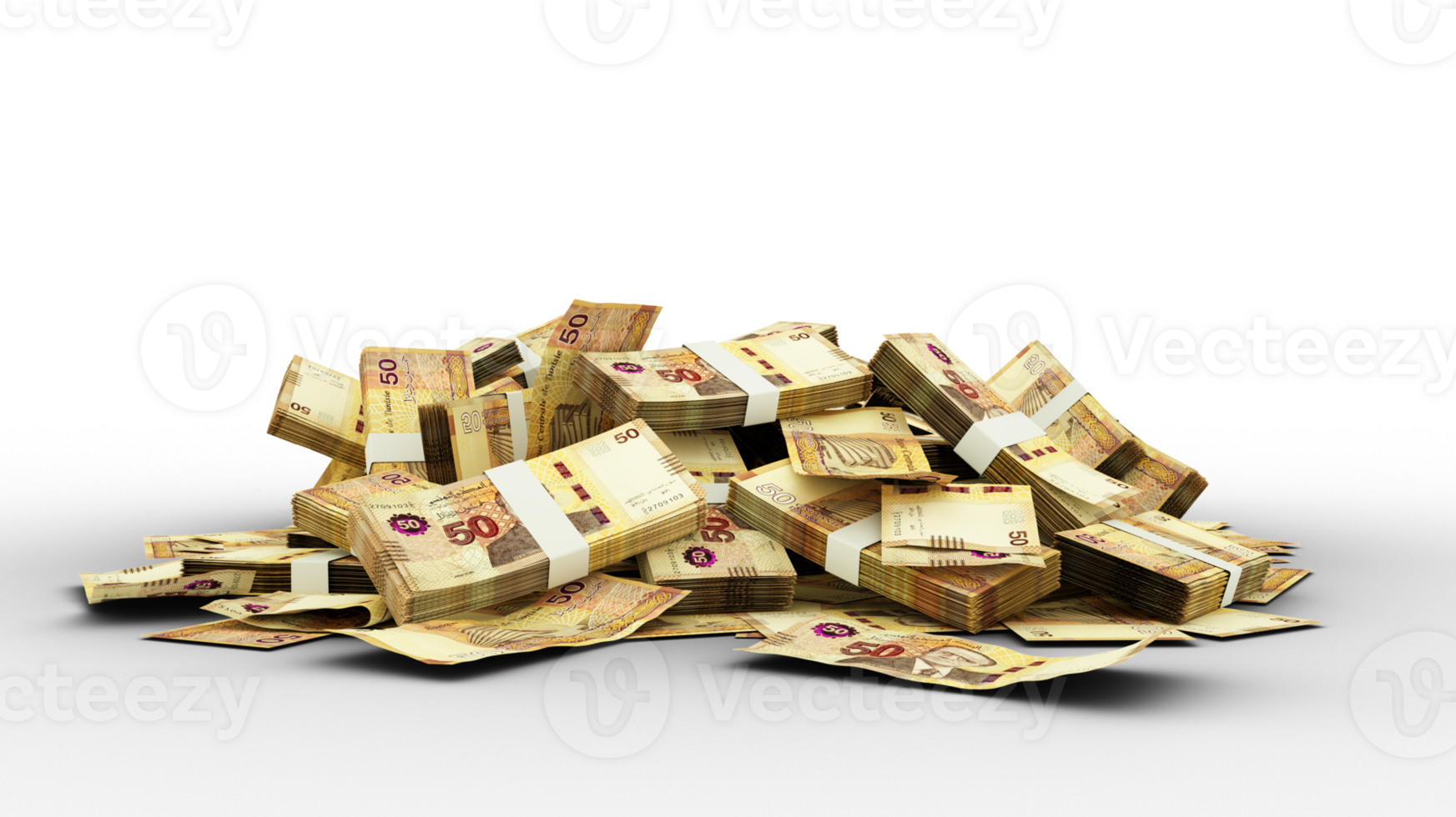 3D Stack of Tunisian dinar notes isolated on transparent background png