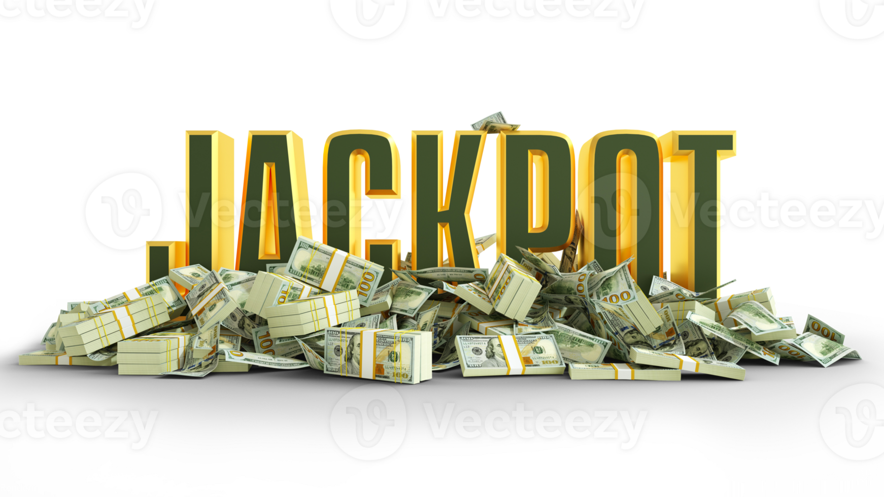 US dollar notes spread around 3D Jackpot text. 3d text surrounded with pile of bank notes.3d rendering png