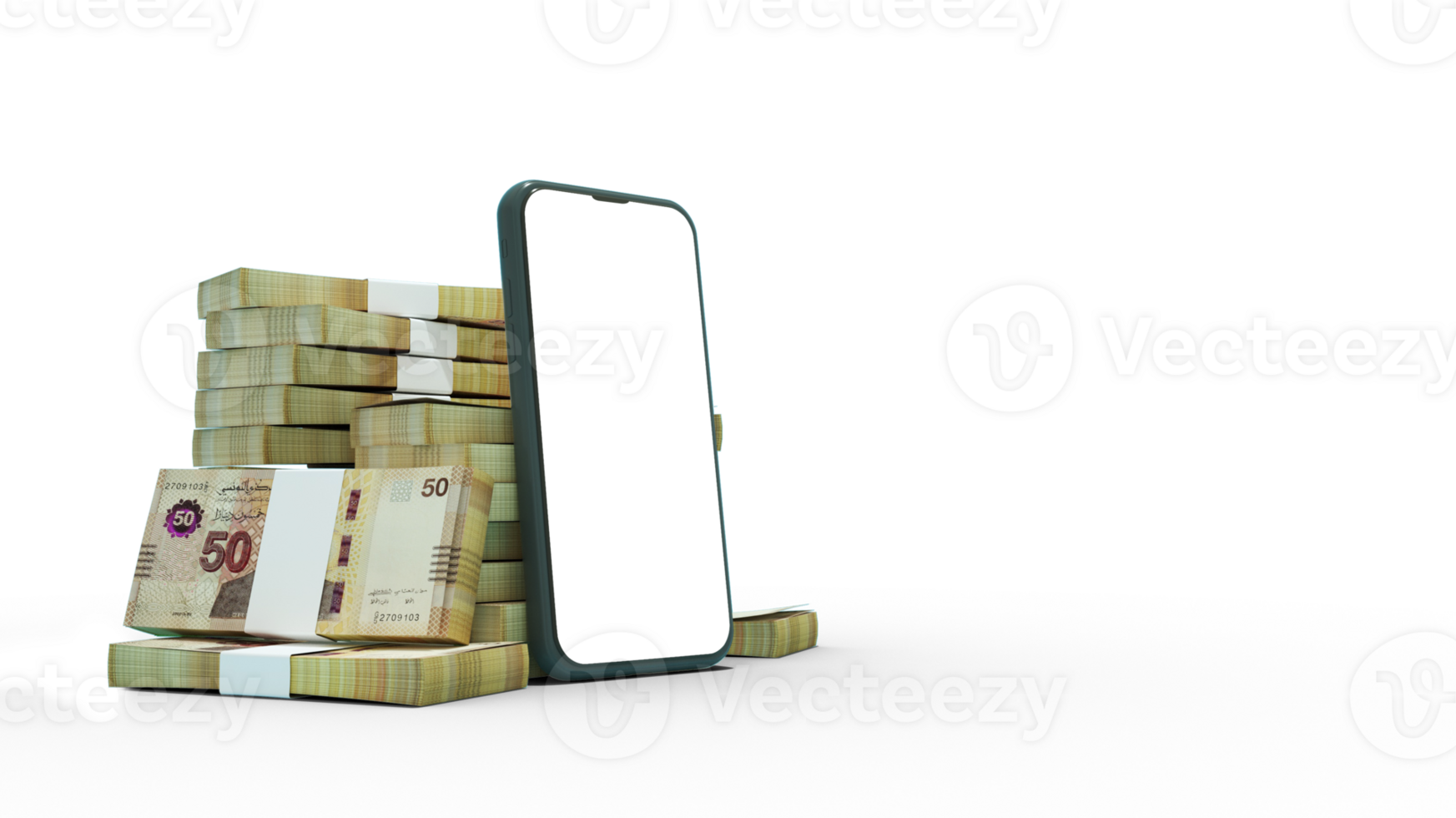 3D rendering of a mobile phone with  blank screen in front of stacks of Tunisian dinar notes isolated on transparent background. png
