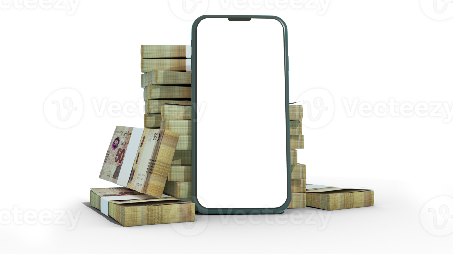 3D rendering of a mobile phone with  blank screen in front of stacks of Tunisian dinar notes isolated on transparent background. png