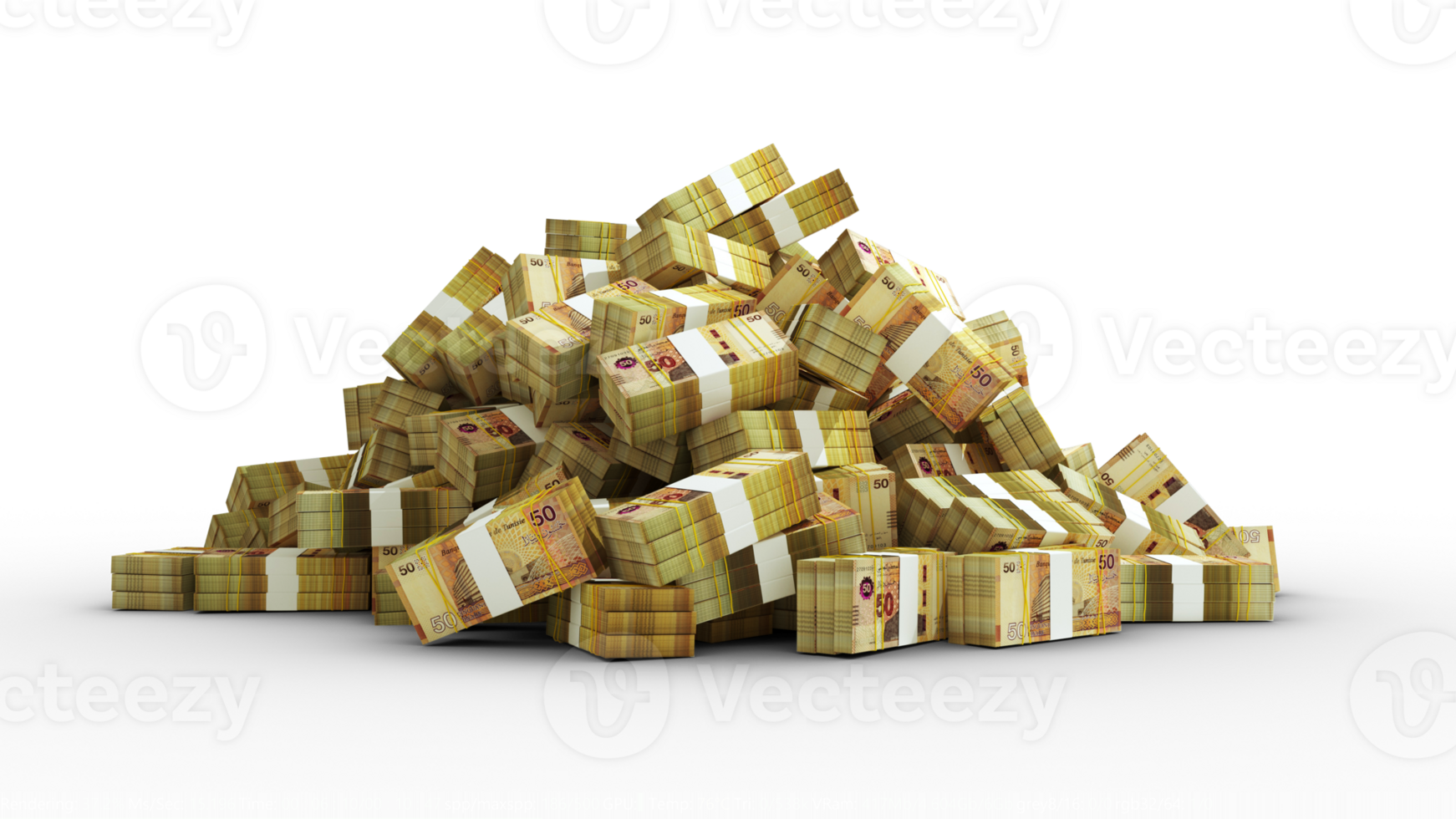 Big pile of bundles of Tunisian dinar notes isolated on transparent background. 3d rendering of stacks of cash png