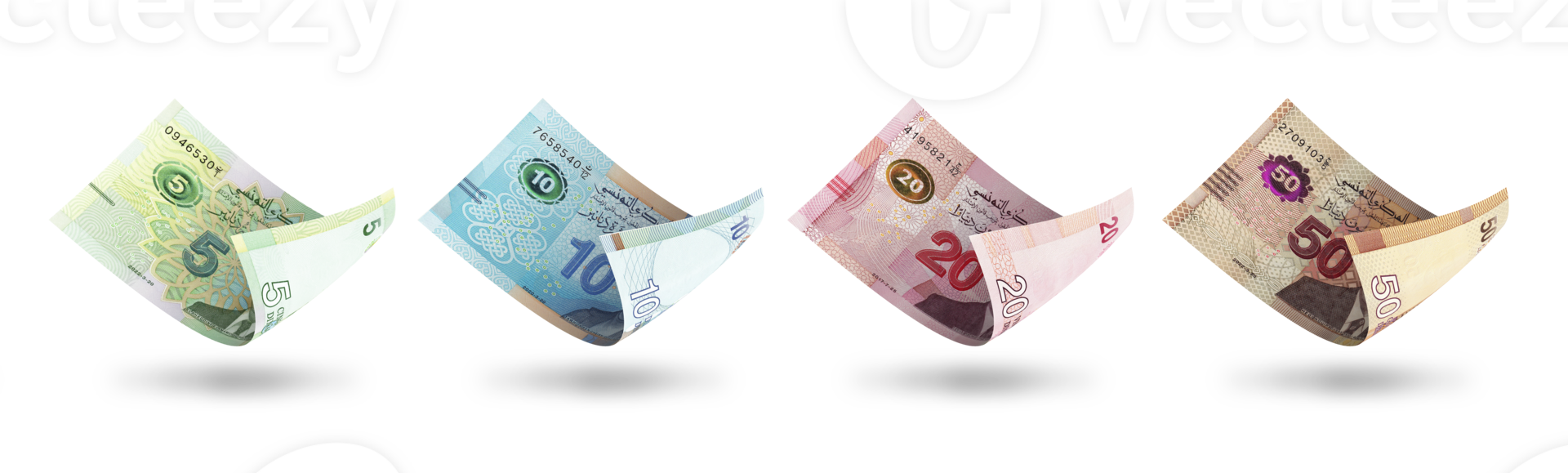 Set of Tunisian dinar notes in different denominations. 3d illustration png