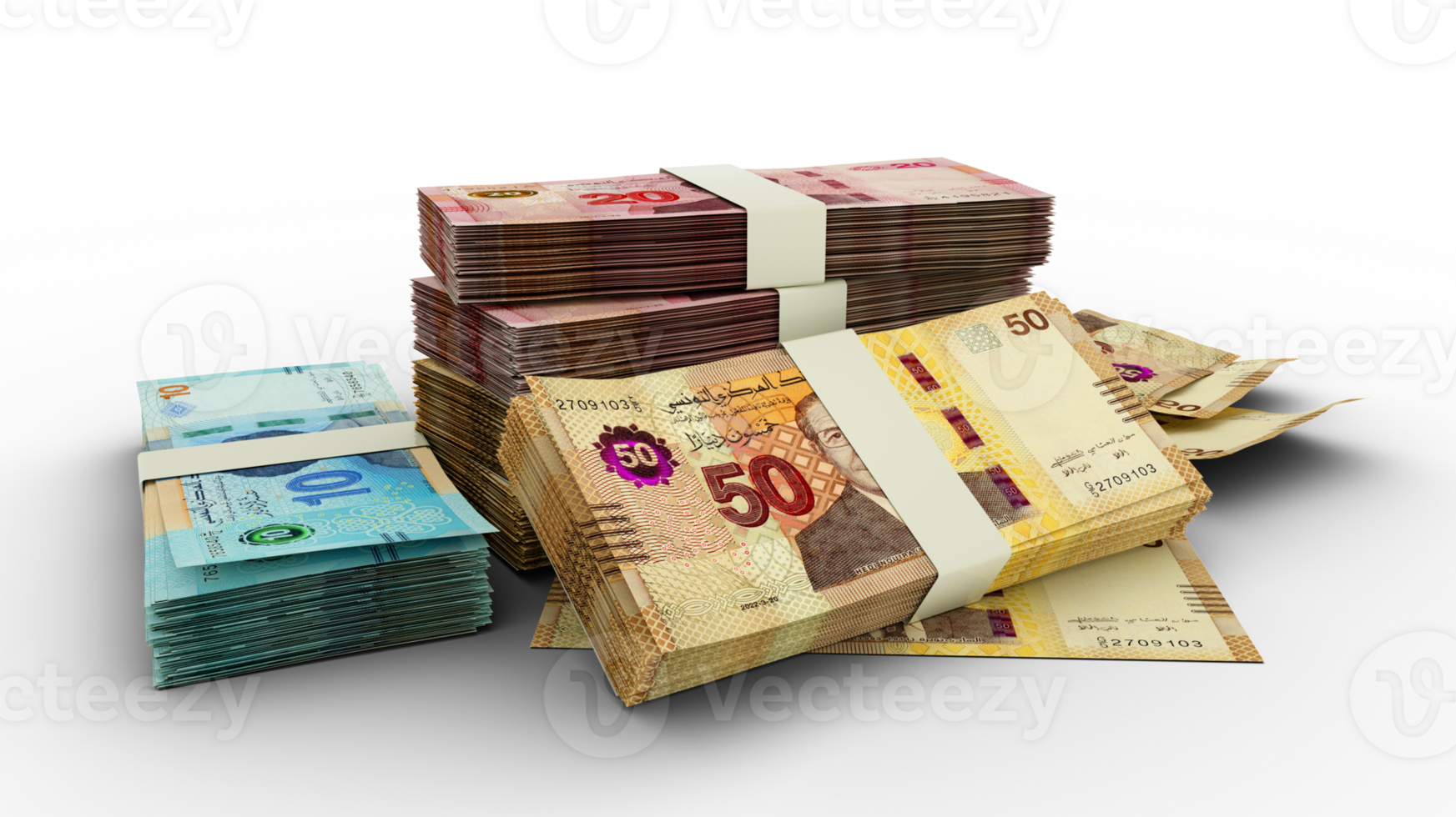 3d rendering of Stacks of Tunisian dinar notes. bundles of Tunisian currency notes isolated on transparent background png