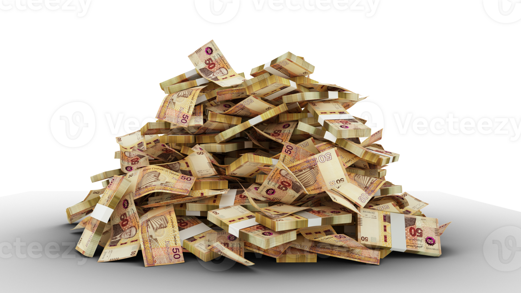 Big pile of Tunisian dinar notes. A lot of money isolated on transparent background. 3d rendering of bundles of cash png