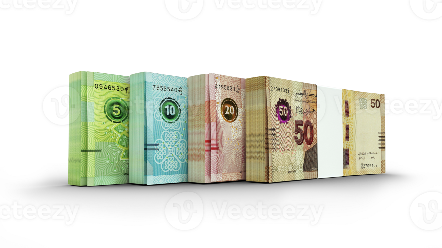 3d rendering of Stacks of Tunisian dinar  notes in various denominations. bundles of currency notes isolated on transparent background png