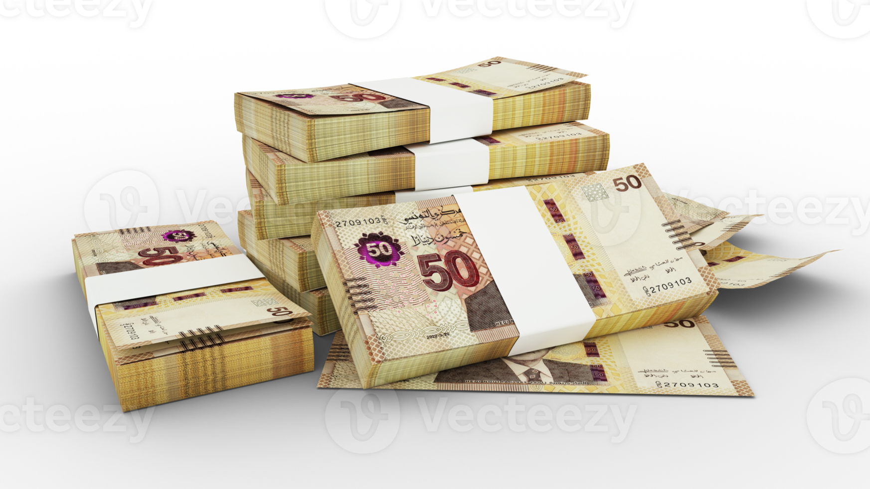 3D Stack of 50 Tunisian dinar notes isolated on transparent background png