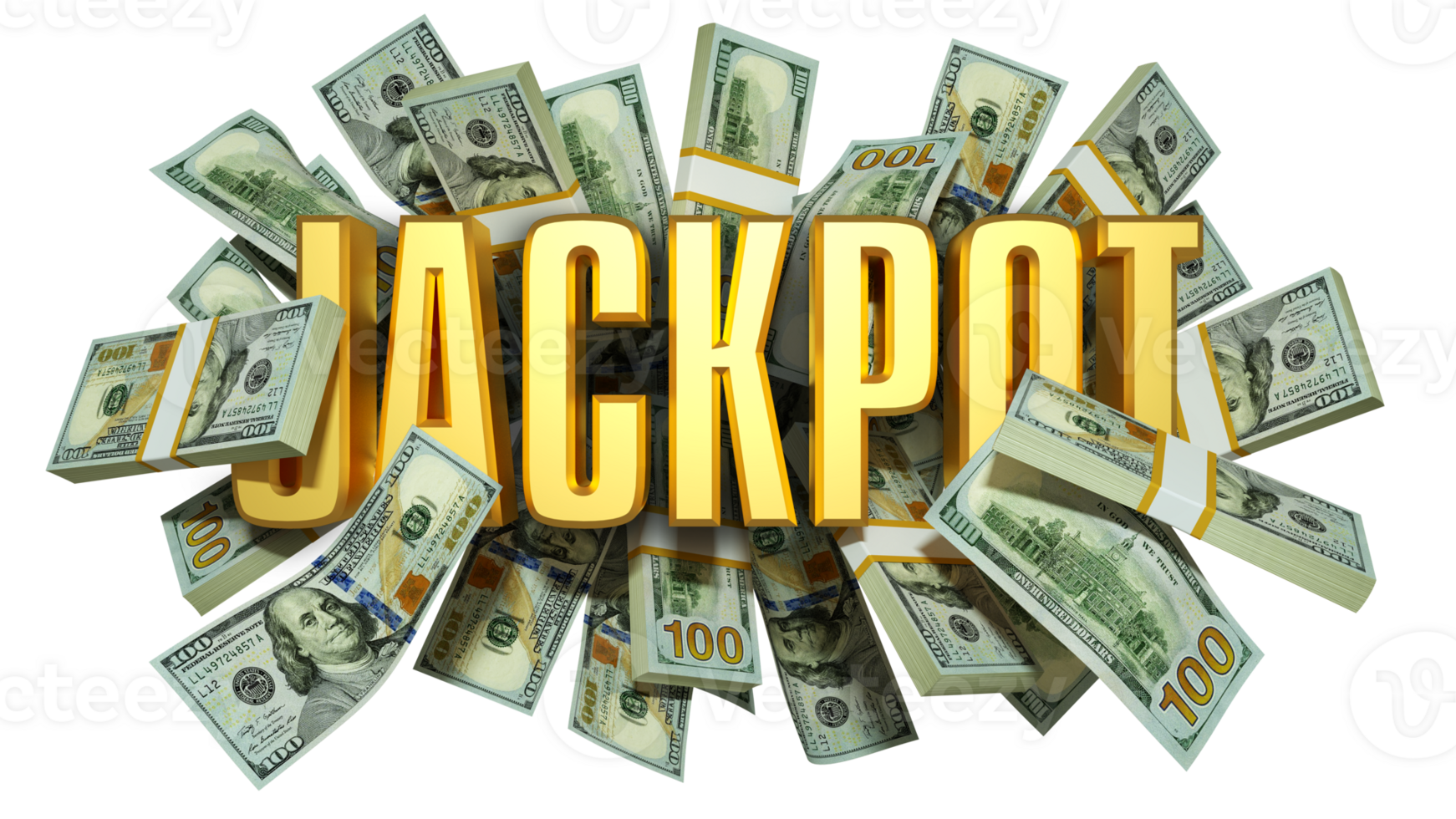 US dollar notes spread behind 3D golden Jackpot text. 3d text in front of of bank notes.3d rendering png